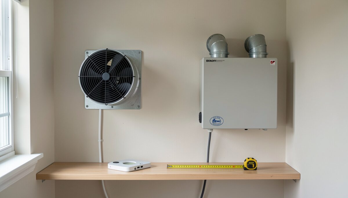 A residential utility room photograph showing two ventilation setups side by side on a wall, one with a single exhaust grille connected to a round duct and one with a compact flat heat recovery unit with two ducts entering the top, with a stud finder and a tape measure resting on a shelf below.