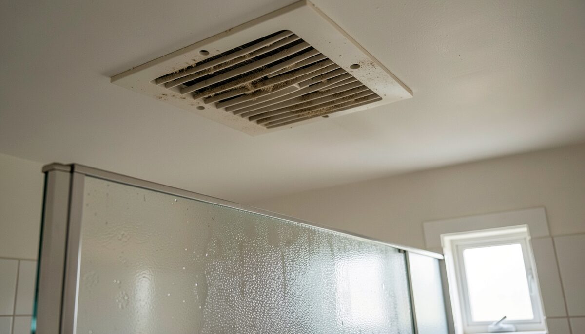 Close view of a residential bathroom ceiling exhaust fan grille with light dust on the slats, positioned above a mirror still beaded with condensation after a shower, soft daylight from a small window