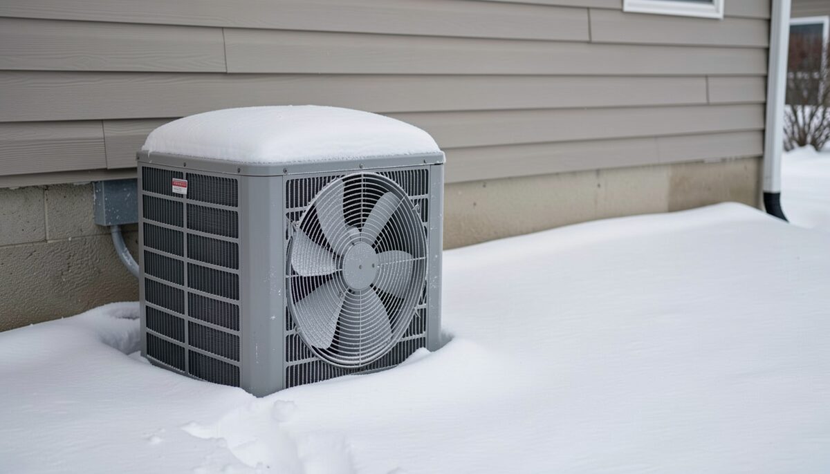 A photograph of an outdoor heat pump condenser unit operating in light snow on a residential side yard, its fan spinning with frost on the coil fins, beside a foundation wall with a snow line, photographed in flat winter light.
