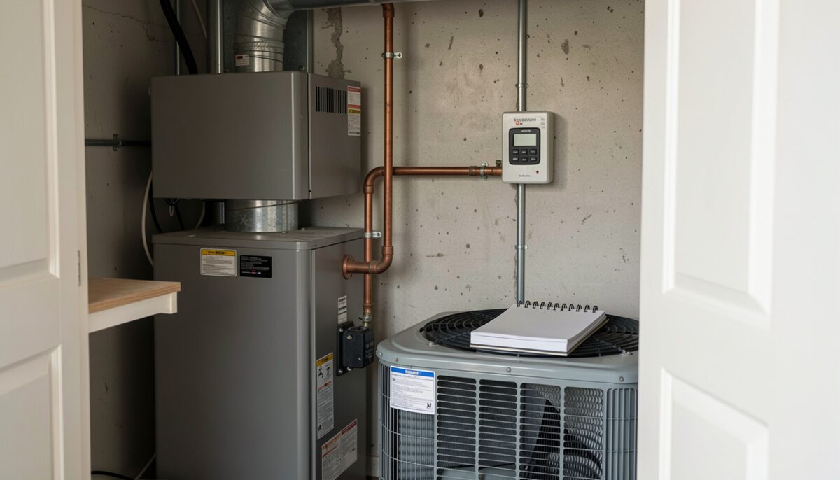 A photograph of a residential mechanical closet showing a compact furnace cabinet beside a copper refrigerant line set running toward an outdoor heat pump, with a small labeled switchover control mounted on the wall and a notepad on a shelf.