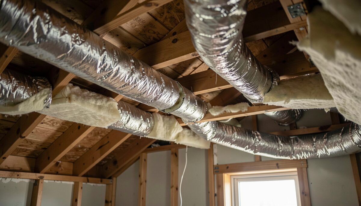 A residential attic with foil-wrapped flexible duct runs crossing wooden ceiling joists, one duct joint visibly separated with a small gap, insulation batts pushed aside, and a bare work light casting hard shadows across the framing.