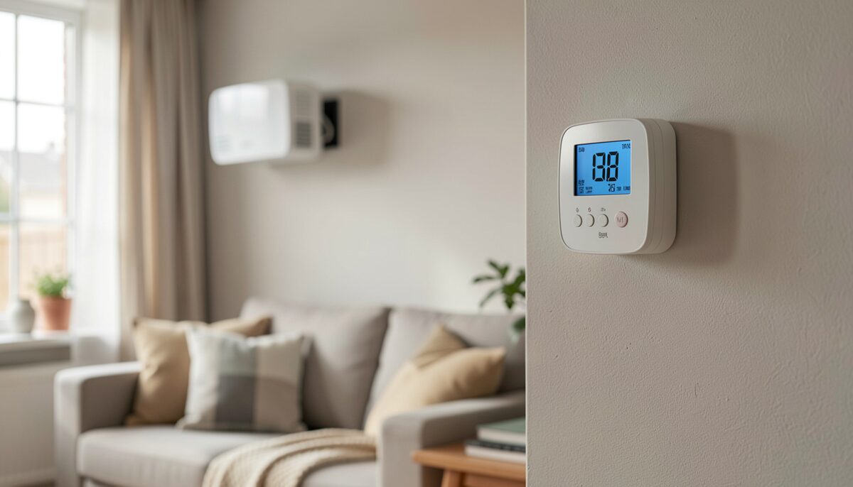 A photograph of a wall-mounted heat pump thermostat showing a steady temperature reading, with a small indoor heat pump head unit visible out of focus on the wall above a sofa, in a tidy living room with daylight.