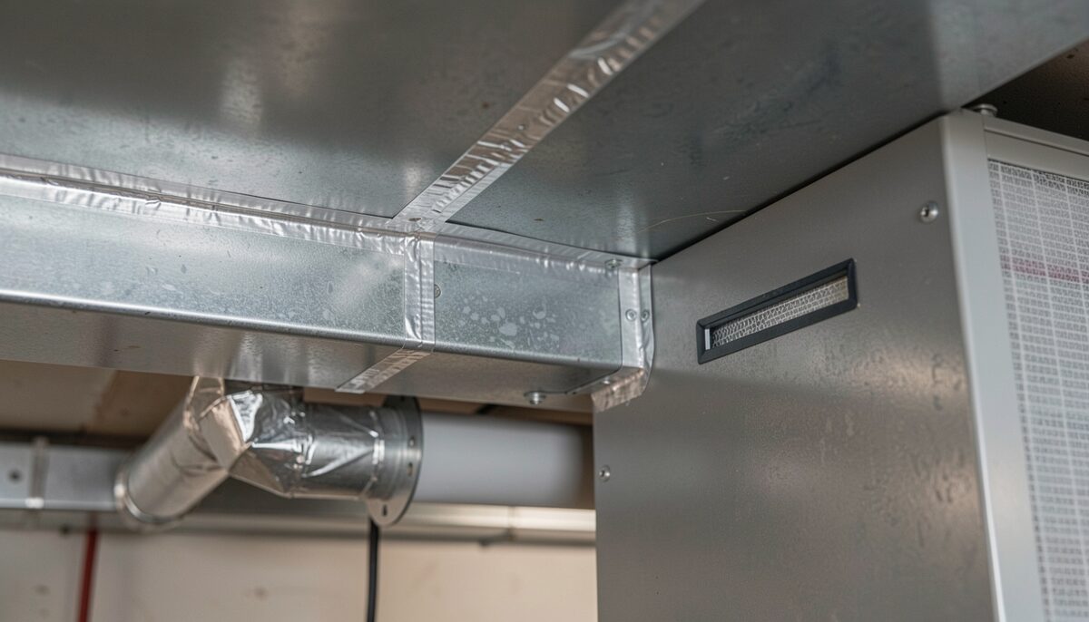 A basement ceiling view of sealed metal ductwork with a mastic-sealed seam and a foil-taped joint running past a floor register boot, next to a clean gasketed filter slot on an air handler cabinet.