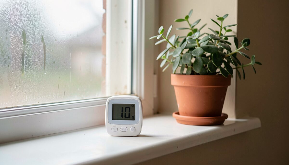 A photograph of a small digital hygrometer on a windowsill showing a humidity reading, with a window slightly fogged at the corners and a potted plant beside it, in a lived-in room with soft afternoon light.