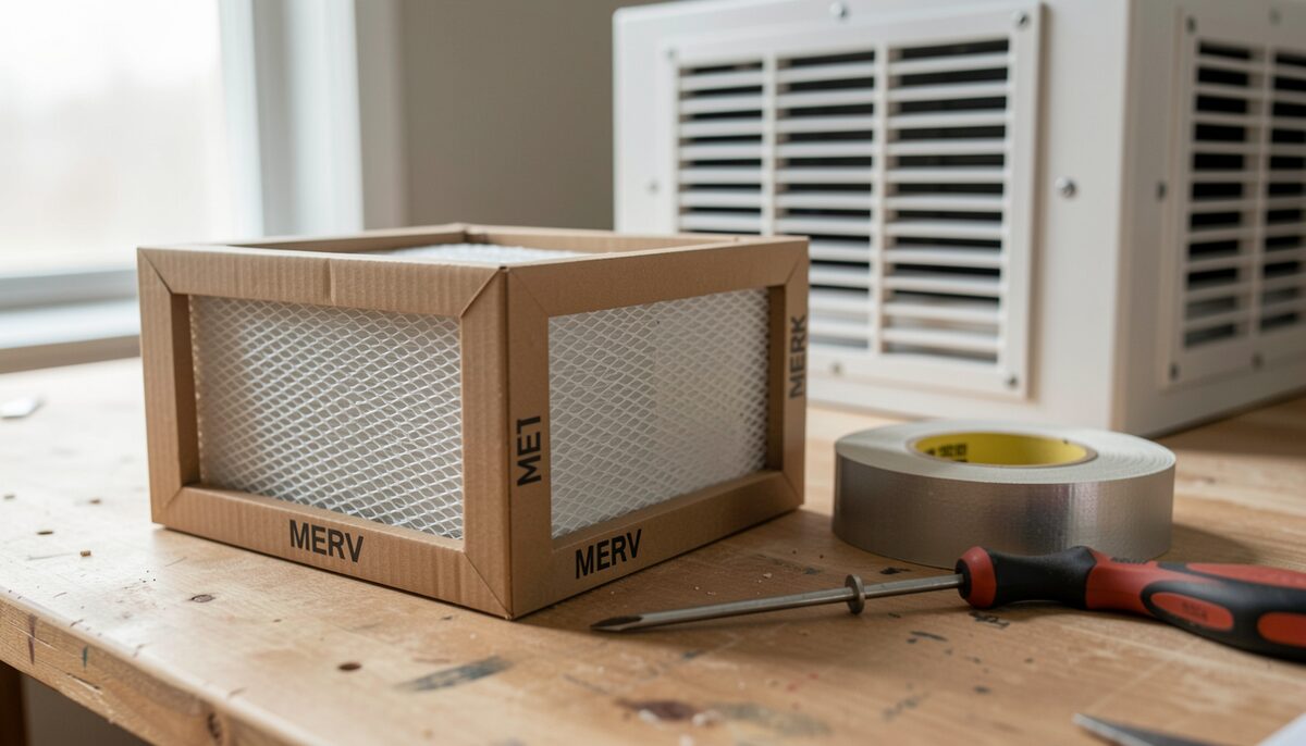 A close-up photograph of a rectangular HVAC air filter with a visible printed MERV rating on its cardboard frame, resting on a workbench beside a roll of foil tape and a screwdriver, with a residential return air grille visible in the background.