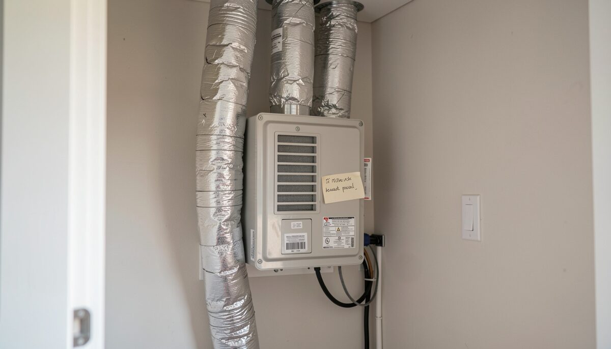 A residential utility closet photographed in daylight, showing a compact ventilation unit mounted to the wall with two insulated flex ducts running upward, a clean air filter access panel, and a small handwritten maintenance label taped to the side of the housing.